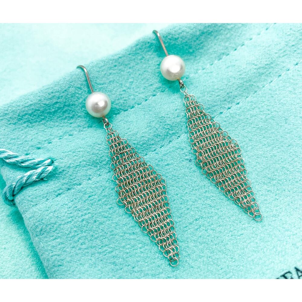 Tiffany & Co. Elsa Peretti Sterling Silver Pearl Tassel Mesh Earrings